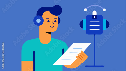 Feedback Loop A voiceover artist holding a feedback form while speaking into a microphone representing the iterative process of refining voice recordings for AI systems.