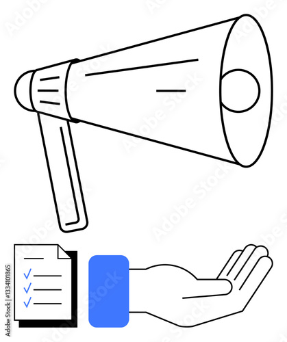 Megaphone amplifying messages, checklist ensuring organization, hand symbolizing help or support. Ideal for teamwork, collaboration, advocacy, communication, planning outreach assistance. Flat