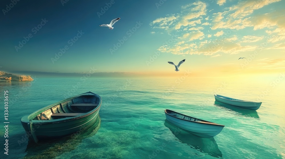 Naklejka premium Serene Seascape: Boats at Sunset