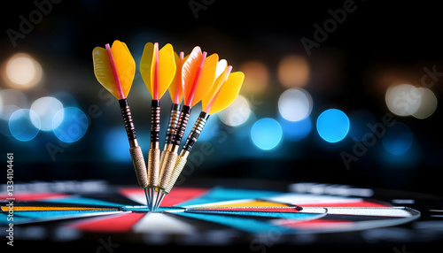 Wallpaper Mural Close-up of multiple darts clustered in bullseye on dartboard against blurred lights Torontodigital.ca