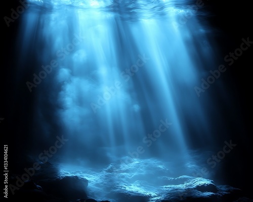Brilliant blue light beams filtering through ocean water depths