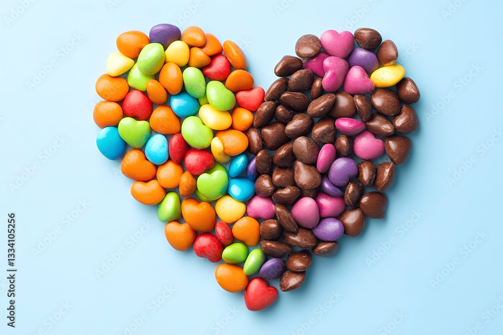 Colorful and chocolate heart-shaped candies on a blue background Colorful and chocolate heart-shaped candies on a blue background