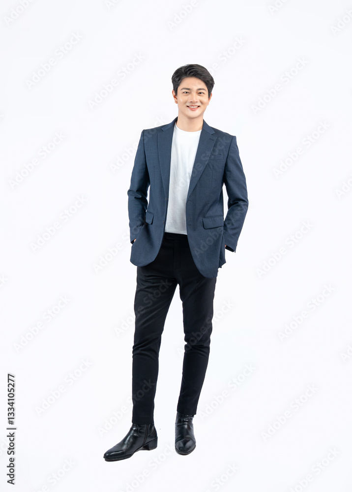 Full body image of a young Asian business man posing on a white background Full body image of a young Asian business man posing on a white background