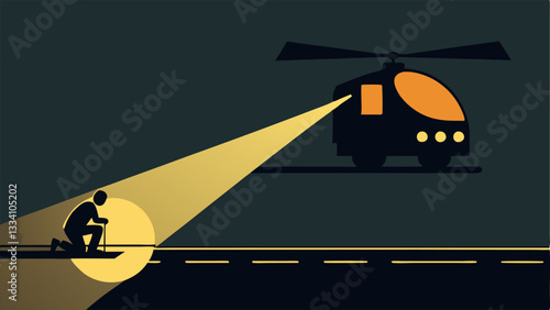 Railroad Tracking Illustrate the helicopter above a set of train tracks spotlight illuminating a person crouching beside a railroad car.