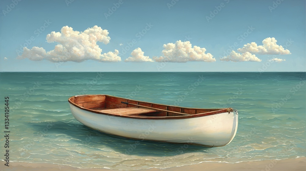 Naklejka premium Lonely White Rowboat on Calm Turquoise Waters under a Clear Sky