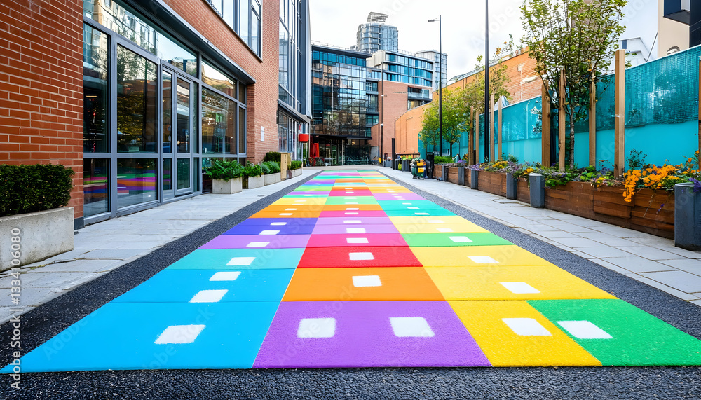 Fototapeta premium Colorful hopscotch path in modern urban setting