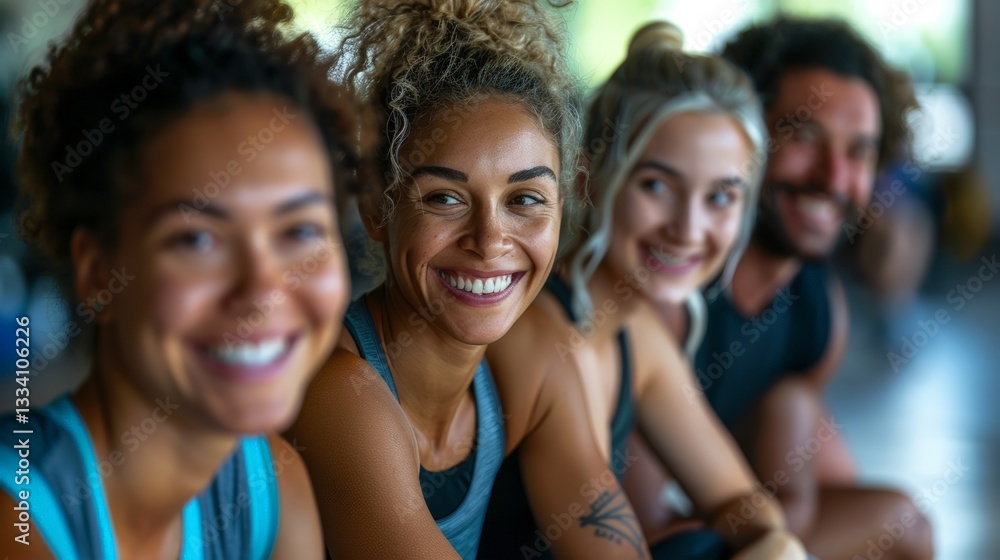 A group of four diverse and cheerful individuals in athletic sportswear are smiling broadly and looking directly at the camera while sitting in a bright and modern fitness studio A group of four diverse and cheerful individuals in athletic sportswear are smiling broadly and looking directly at the camera while sitting in a bright and modern fitness studio