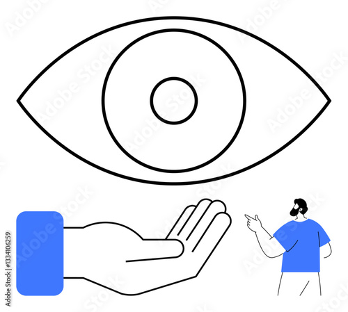 Eye symbol, open hand, and pointing person suggesting observation, help, and guidance. Ideal for vision, awareness, assistance insight leadership growth support. Flat simple metaphor