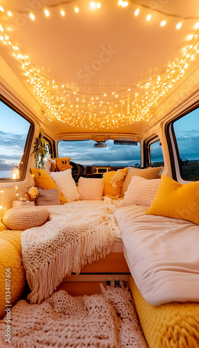 Cozy camper van interior at sunset, adorned with fairy lights and yellow pillows