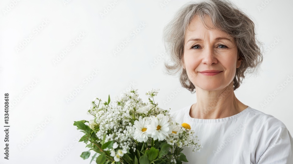 Smiling Older Woman Holding White Flowers and Looking at the Viewer Smiling Older Woman Holding White Flowers and Looking at the Viewer