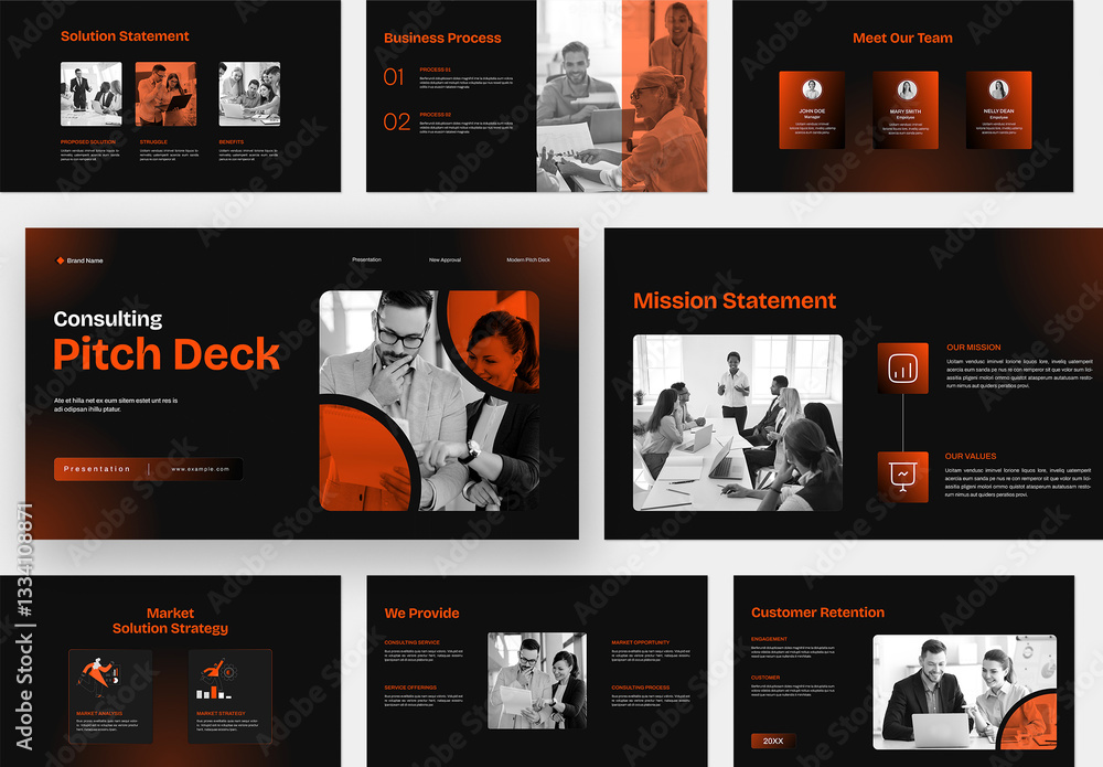 Black And Orange Pitch Deck Presentation Stock Template | Adobe Stock