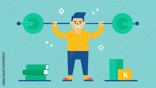 Financial Fitness Gym An investor lifting weights labeled Knowledge and Research in a gym setting portraying the importance of financial literacy in overcoming mental biases and