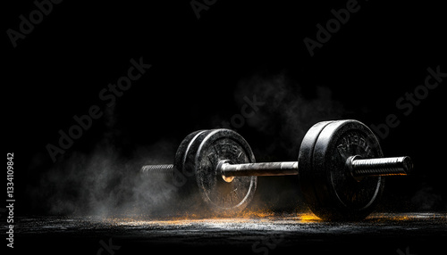 Dark, smoky image of a barbell resting on a textured surface