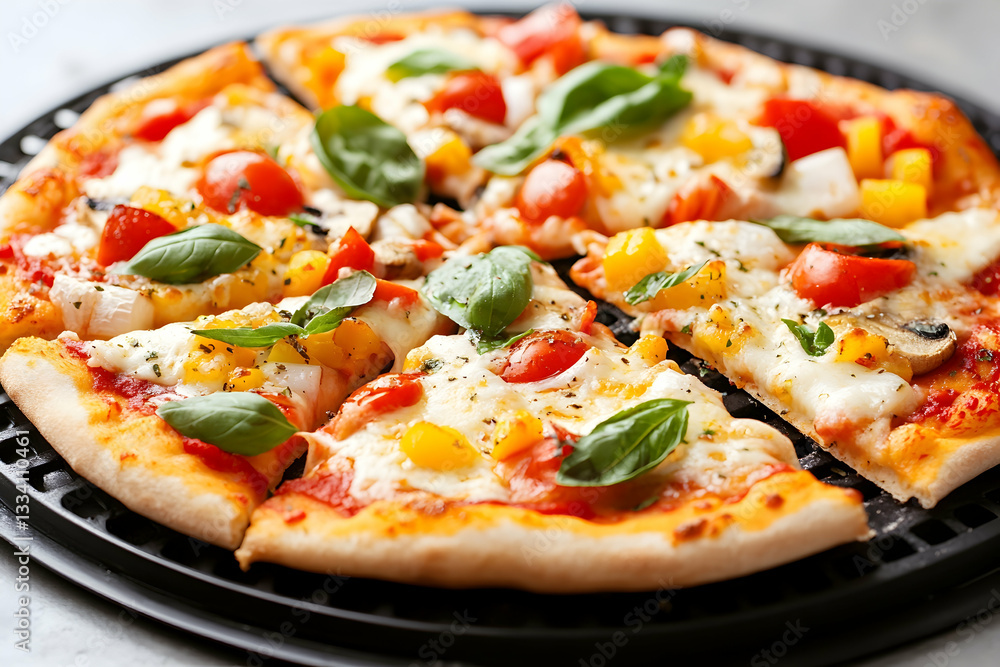 Delicious vegetable pizza with melted cheese, sliced and ready to eat Delicious vegetable pizza with melted cheese, sliced and ready to eat