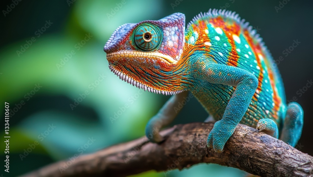Vibrant Chameleon on a Branch Surrounded by Lush Greenery, Showcasing Unique Colors and Textures in Nature, Ideal for Wildlife and Exotic Themes Vibrant Chameleon on a Branch Surrounded by Lush Greenery, Showcasing Unique Colors and Textures in Nature, Ideal for Wildlife and Exotic Themes