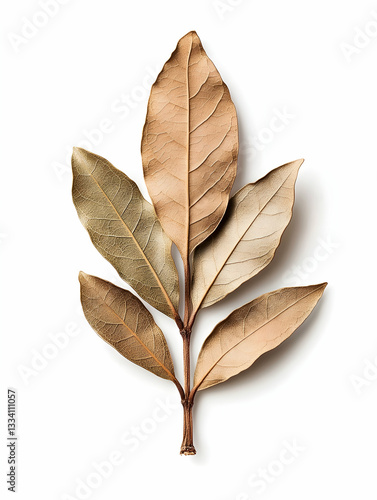 Dried leaves sprig, beige and brown tones, isolated on white