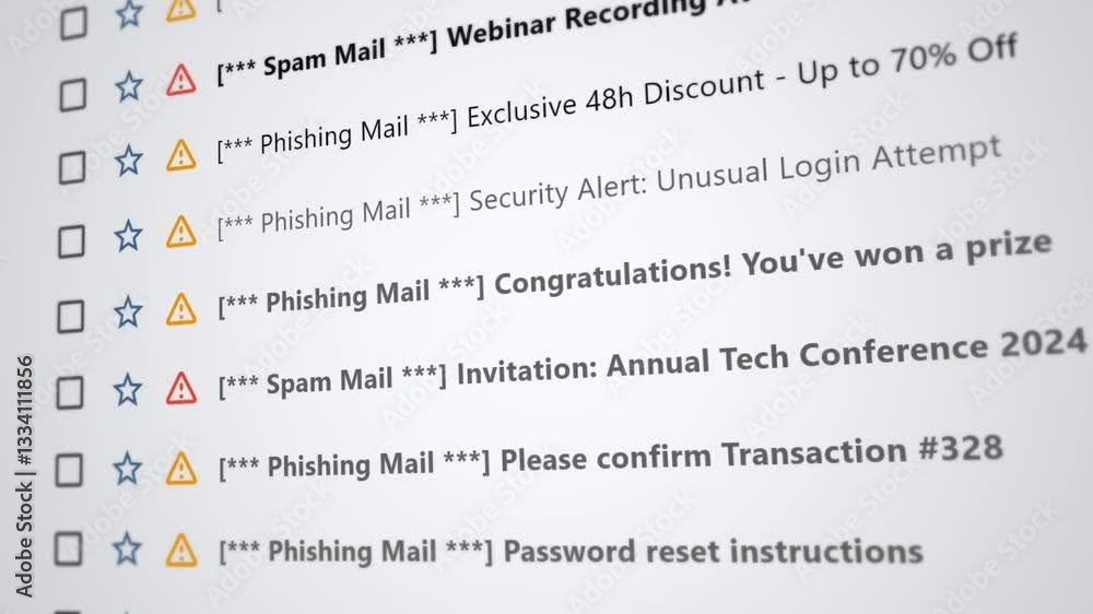 Busy email inbox with phishing alerts and spam notifications displayed in progression