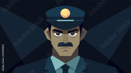 Reflection in Uniform A closeup of a police officers face illuminated by the flashlight revealing focused determination with the dark background of the scene adding to the
