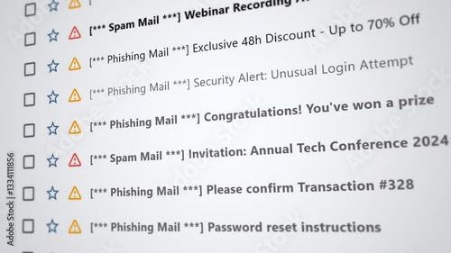 Busy email inbox with phishing alerts and spam notifications displayed in progression
