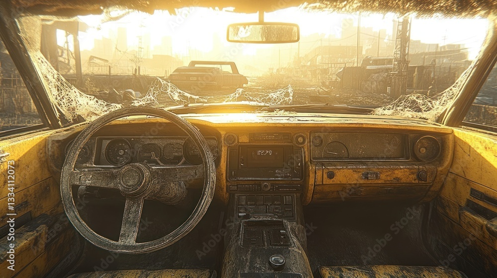 Obraz premium Abandoned yellow car interior in a post-apocalyptic cityscape. Dusty dashboard, steering wheel, and cracked windshield. Sunlight streams through