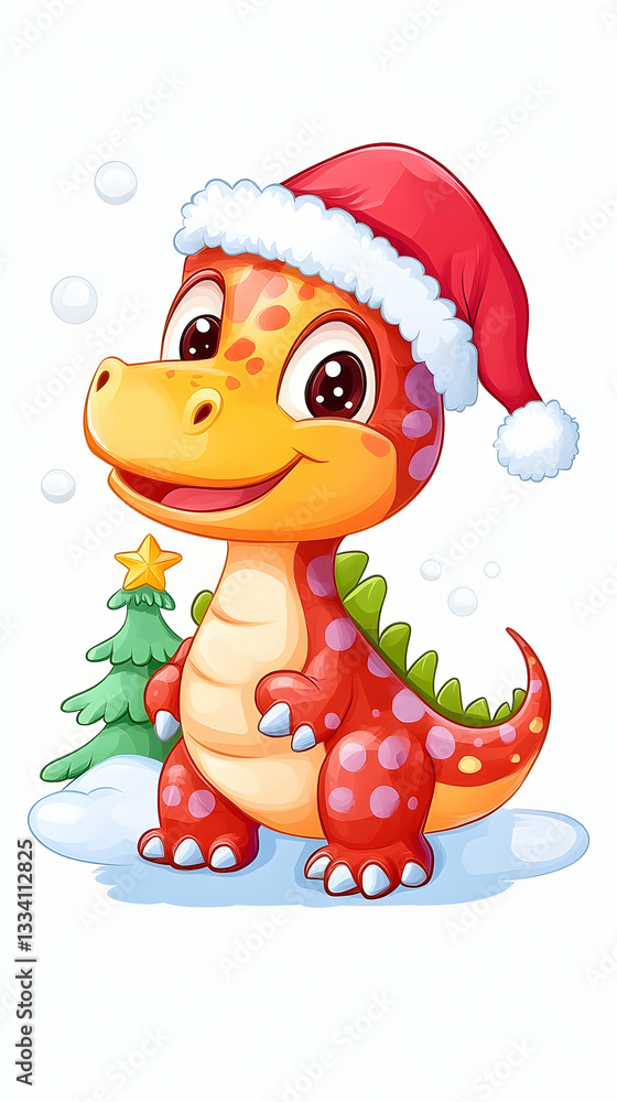 Festive cartoon dinosaur in Santa hat, near a small Christmas tree in snowy scene Festive cartoon dinosaur in Santa hat, near a small Christmas tree in snowy scene