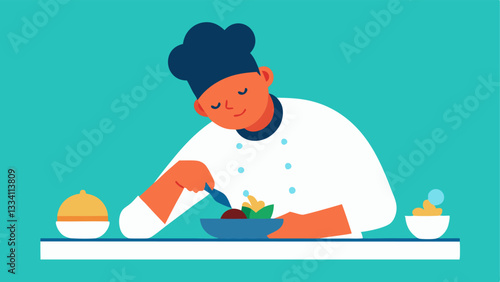 Food Plating A culinary artist meticulously plating a colorful plantbased dish paying attention to detail with an array of sauces and garnishes on the counter.