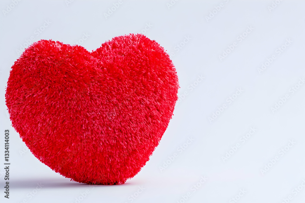 Fluffy red heart-shaped plush toy against a white background Fluffy red heart-shaped plush toy against a white background