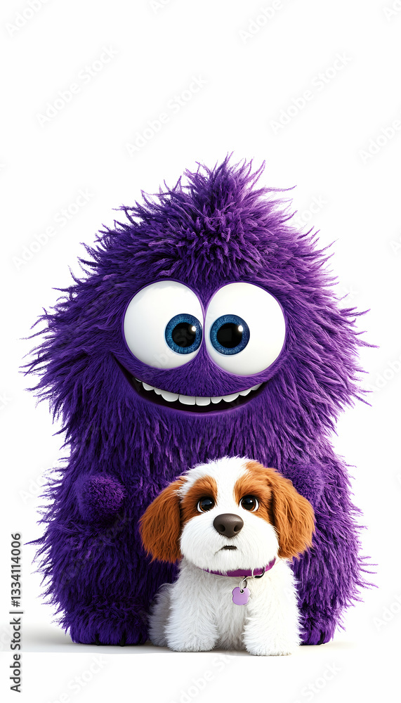 Fluffy purple monster with puppy Fluffy purple monster with puppy
