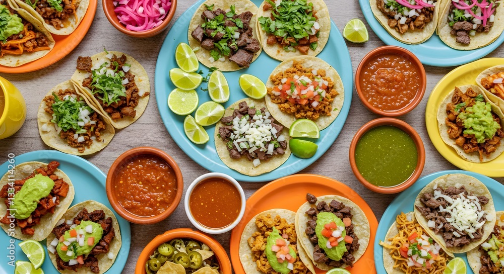 Delicious variety of authentic mexican tacos with fresh ingredients food meat beef pork meal tasty Delicious variety of authentic mexican tacos with fresh ingredients food meat beef pork meal tasty