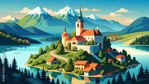 Bled, Slovenia - Aerial panoramic view of beautiful Bled Castle (Blejski Grad) with Lake Bled (Blejsko Jezero), the Church of the Assumption of Maria and Julian Alps at background on a summer 