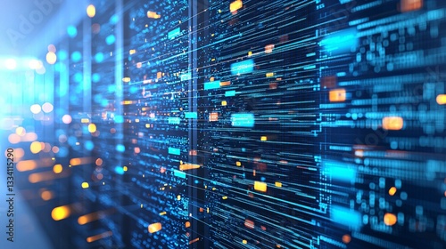 Abstract data patterns on glowing computer monitor in dimly lit room, symbolizing surveillance and data collection, with faint outlines of server racks in background.