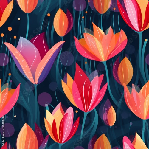 Wallpaper Mural A whimsical garden illuminated by a dark background, showcasing artistic renderings of tulips and gentle circular lighting elements. Torontodigital.ca