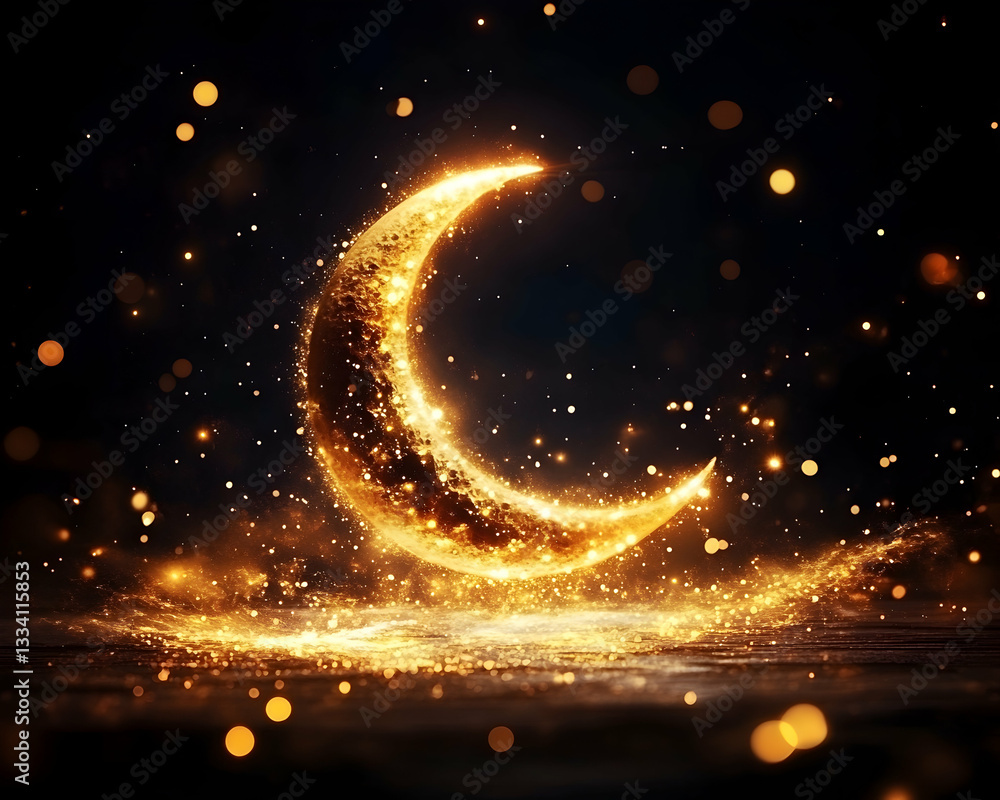 Fototapeta premium Glowing crescent moon with sparkling dust on dark background