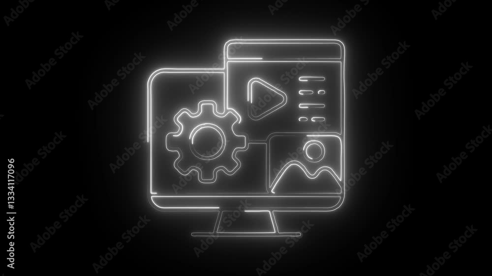 Glowing neon content management icon isolated on black background. HD Video motion graphic animation Glowing neon content management icon isolated on black background. HD Video motion graphic animation