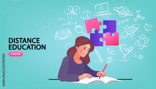E-learning and online study vector concept. A female student learns with icons of science, technology, and STEM subjects. Perfect for distance education websites and promotional banners.