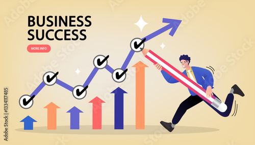 Charting a path to business success, a proactive manager draws a rising growth graph. Each checkmark is a milestone achieved on the journey towards a triumphant final goal.
