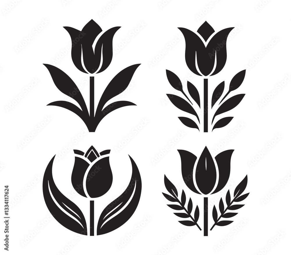 Set Black and White Silhouette Tulip Icons Set Black and White Silhouette Tulip Icons
