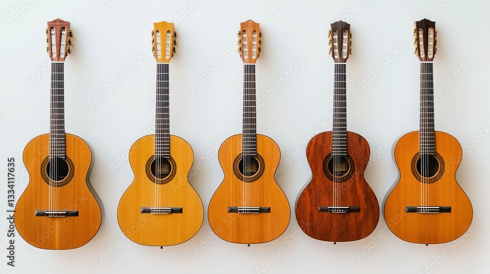 Fototapeta premium Six Guitars Neatly Arranged, Symbolizing Harmony and Precision in Design 
