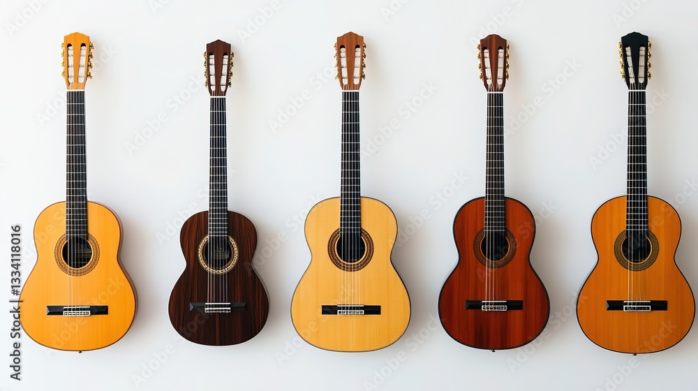 Obraz premium Six Guitars Neatly Arranged, Symbolizing Harmony and Precision in Design 