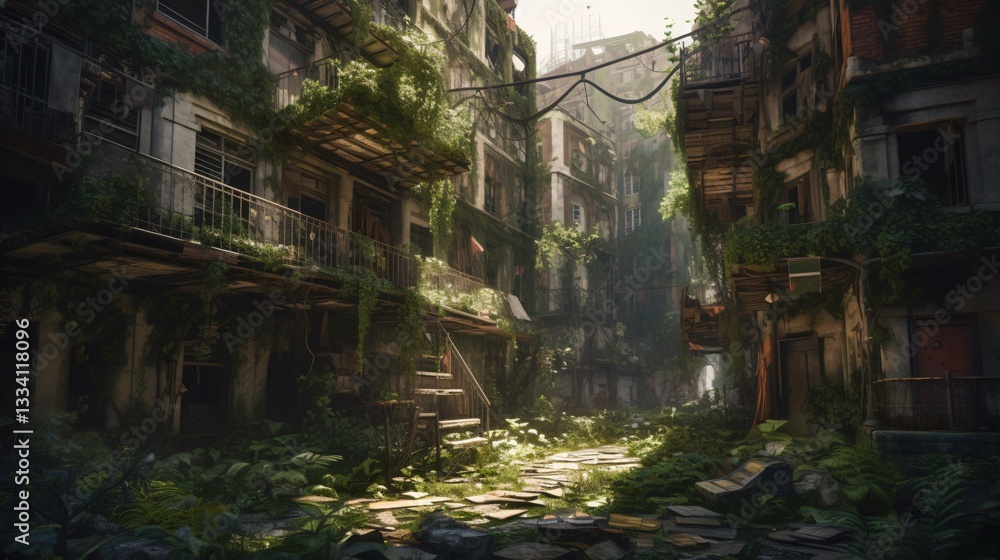 Overgrown Urban Alley Post-Apocalyptic Cityscape Overgrown Urban Alley Post-Apocalyptic Cityscape