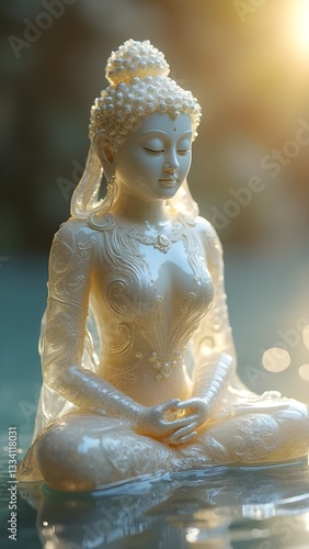 Serene White Buddha Statue in Water with Soft Lig