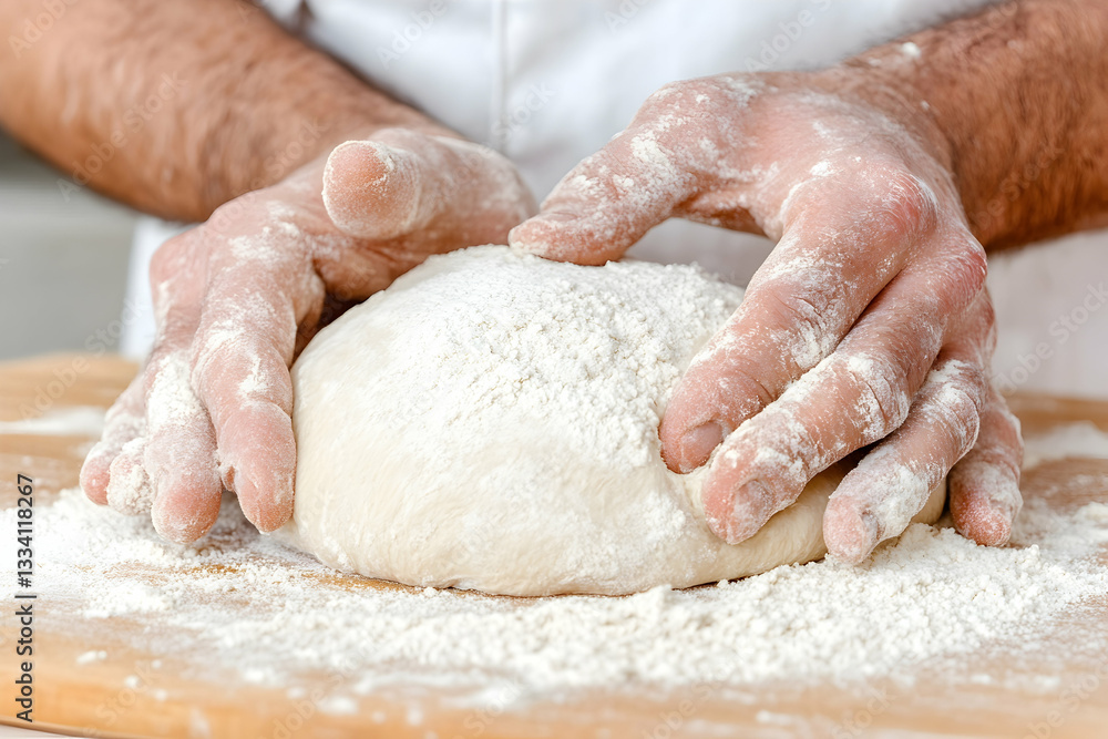 Hands shaping a ball of dough on a wooden surface, covered in flour Hands shaping a ball of dough on a wooden surface, covered in flour
