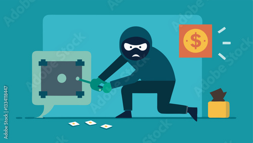 Safe Cracking A robber is depicted with tools working on cracking a combination safe surrounded by tered money and a floor map of the bank.