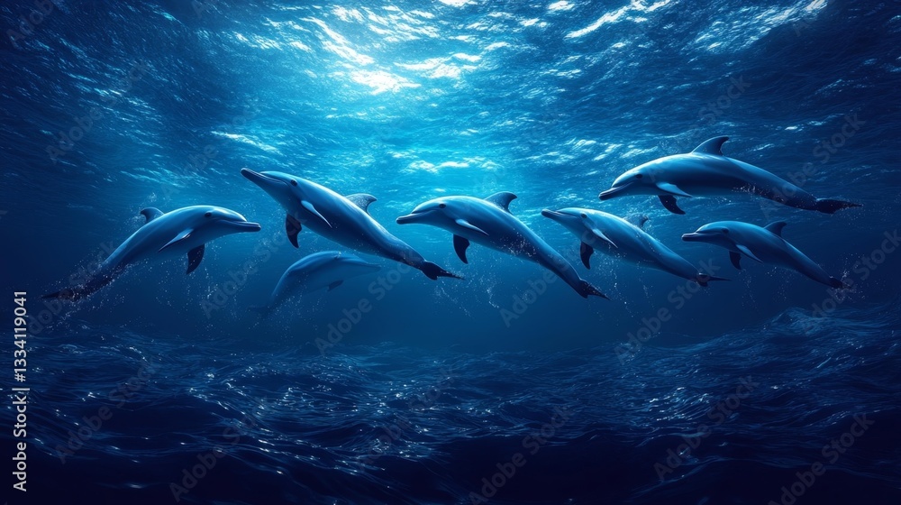 Fototapeta premium A Group of Dolphins Swimming Gracefully in the Deep Blue Ocean. Generative AI