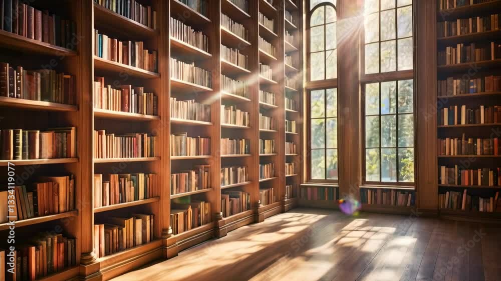 A beautiful library with wooden bookshelves filled with books, sunlight streaming through the windows and illuminating them. The shelves shimmer in the light as if covered by golden dust. A beautiful library with wooden bookshelves filled with books, sunlight streaming through the windows and illuminating them. The shelves shimmer in the light as if covered by golden dust.