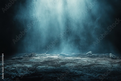 Dark mysterious landscape smoky blue background rocky ground