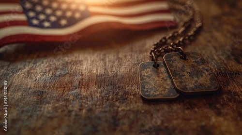 Veteran's Dog Tags on Wooden Surface with American Flag. Generative AI
