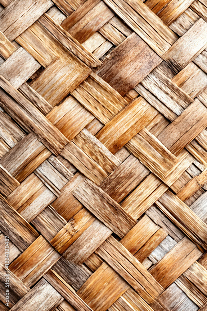Interwoven light and dark brown bamboo strips creating a diagonal pattern Interwoven light and dark brown bamboo strips creating a diagonal pattern