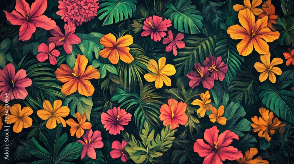 An opulent display of vibrant hibiscus blossoms and lush foliage creates a captivating and richly detailed botanical tapestry on a dark backdrop An opulent display of vibrant hibiscus blossoms and lush foliage creates a captivating and richly detailed botanical tapestry on a dark backdrop