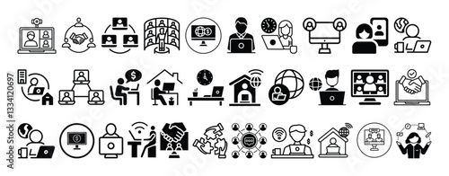Remote Work, Freelancing, Virtual Meeting, Online Collaboration, Business and Home Office icon set collection vector design.
